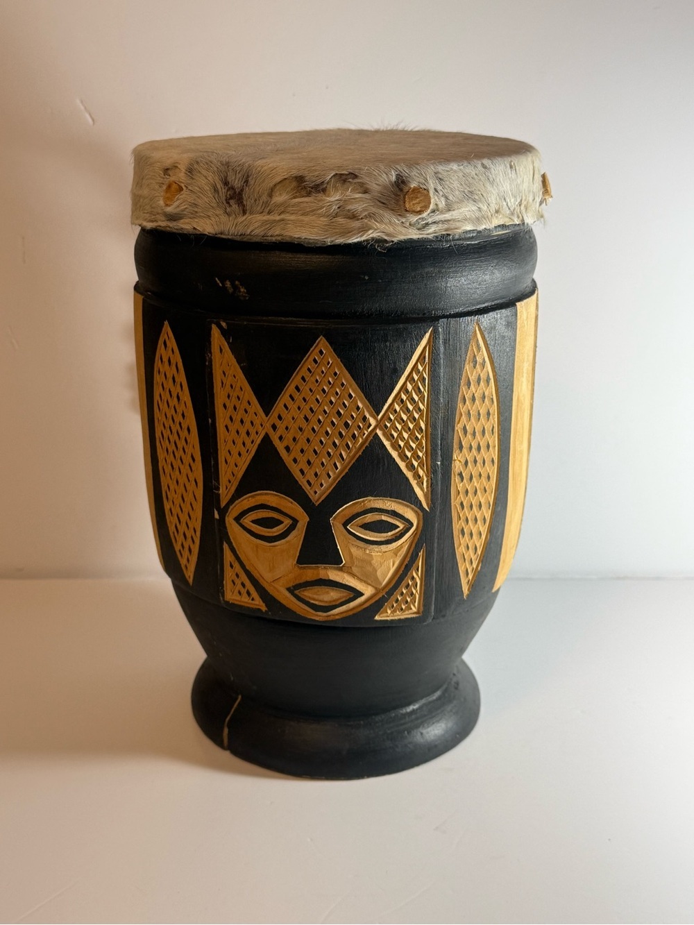 authentic carved  Wood Djembe Drum Rope-Tuned Skin Head African Mask Design